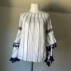 THML Stripes Flared Sleeves Off Shoulder Blouse